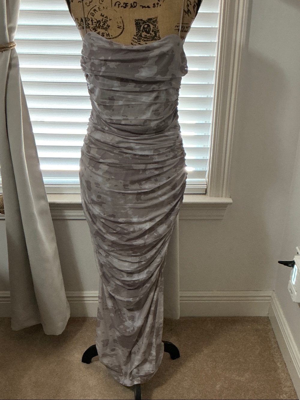 Ruched Strapless Grey Camo Maxi Dress